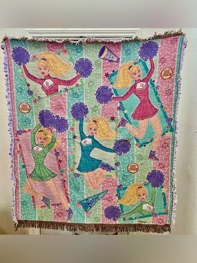 Vintage Barbie Cheerleader Woven Tapestry Throw Blanket Fringe Mattel 48x56
